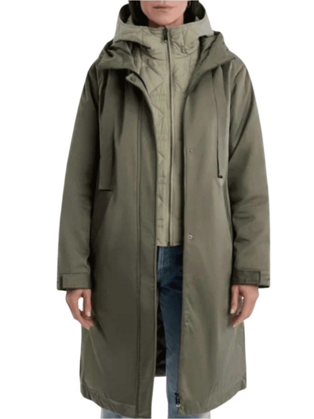 Bernardo Olive Green Hooded Rain Coat with Quilted Inner Vest